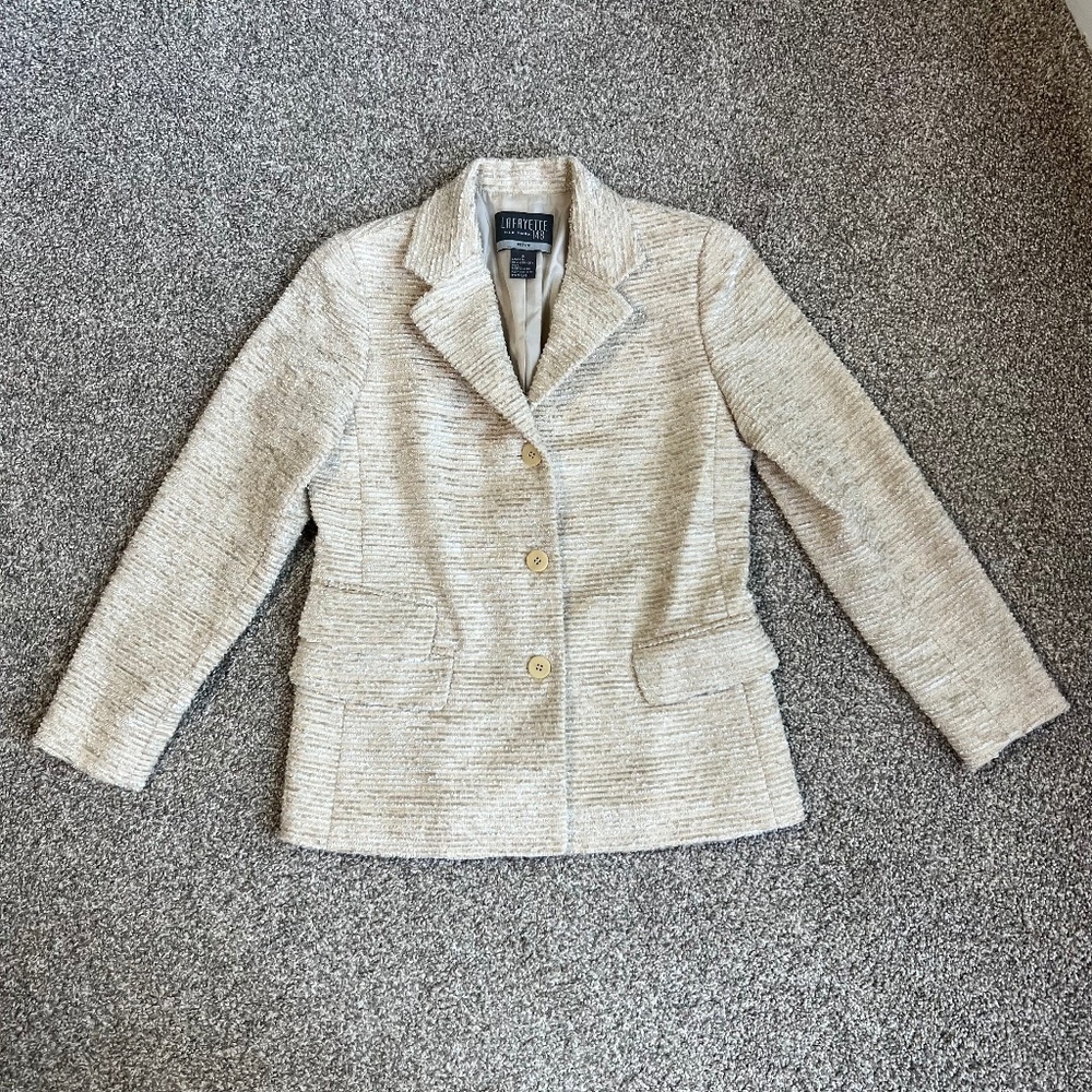Lafayette 148 Vintage made in NYC Cream Tweed Wool‎ Blend Blazer Jacket, Size 2